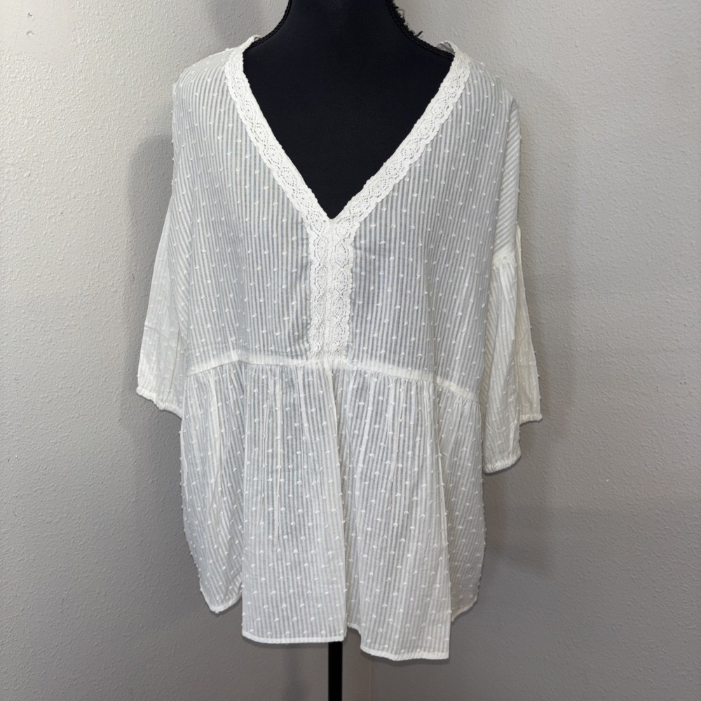 New Kaktus Tunic Top Women's 1X Off White Lace V Neck Detail Gauze Festival Boho